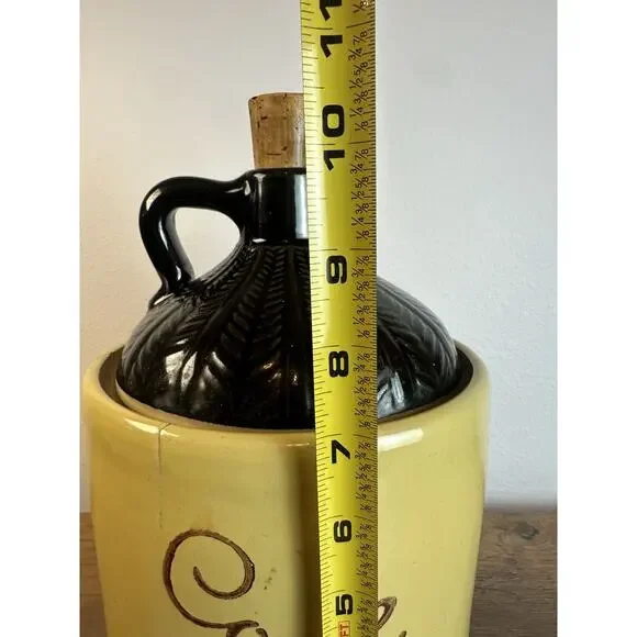Vintage Stoneware Cookie Jug Crock Yellow Black Pottery w/ Cork Lid